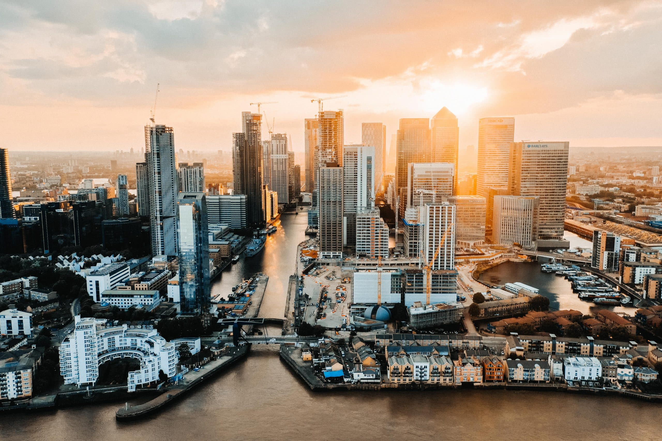 Commercial Videographer - London Isle of Dogs Aerial photo with sunset