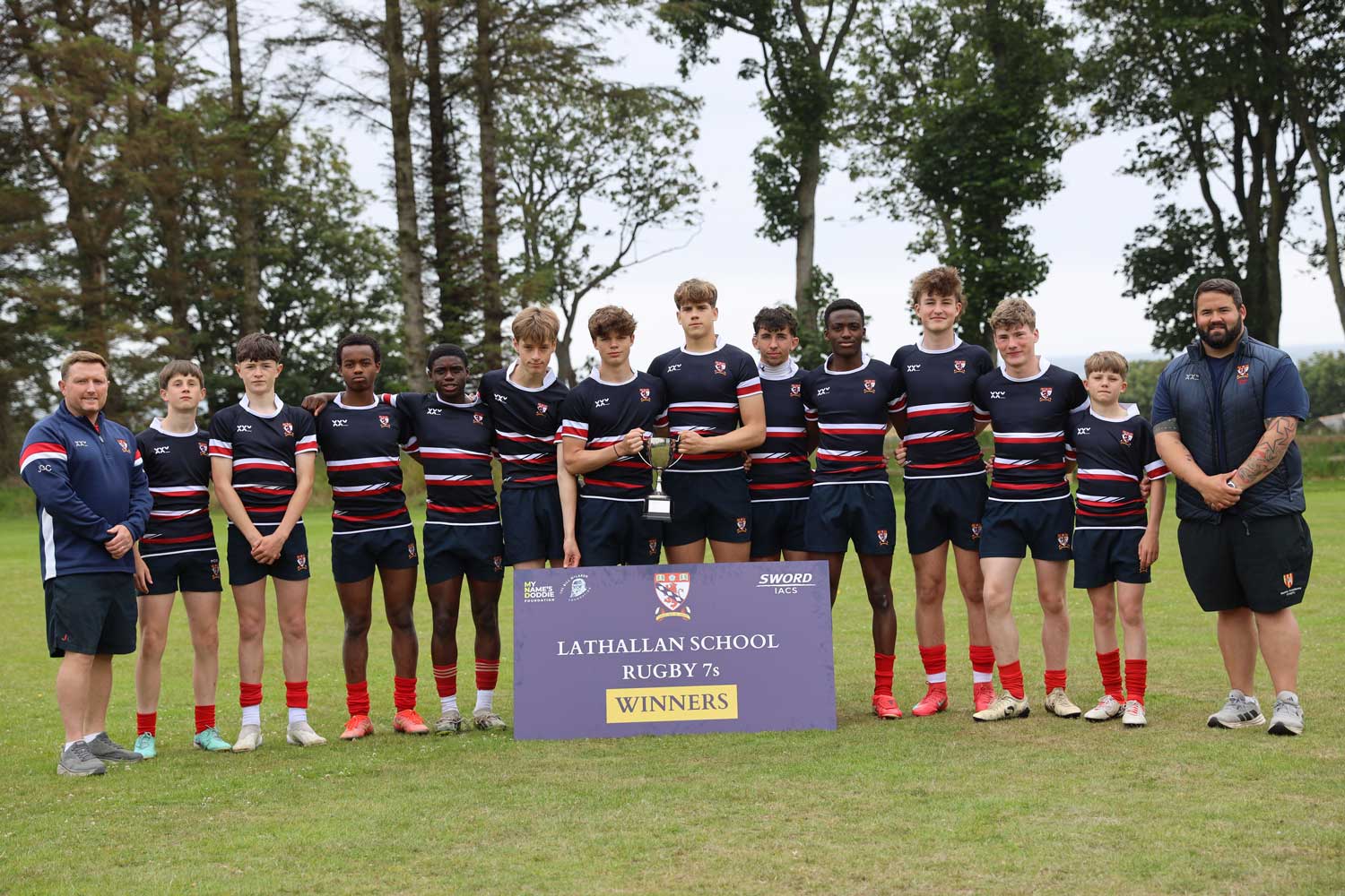 a boys' rugby team and two coaches stand outdoors in kit behind a "lathallan school rugby 7's winners" sign. captured by a commercial videographer in scotland, tall trees add to the scenic backdrop. copyright michael westcott films